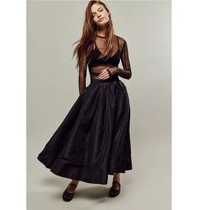 Free People Black Midi Emilia Skirt Pleated Size S Whimsigoth Crinkle Full Skirt